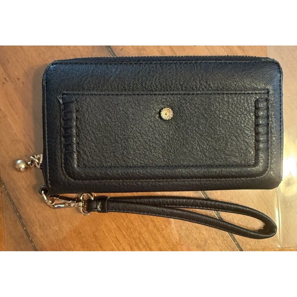 Lauren Conrad Black Wallet Wristlet Gold Zipper Faux Leather Card Holder ID